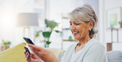 Image showing Happy, phone or old woman online shopping with credit card for discount sale on digital fintech website. Financial ecommerce payment, smile or excited elderly person on sofa internet banking at home