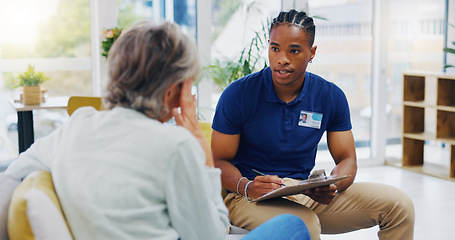 Image showing Retirement, documents and a nurse talking to an old woman patient about healthcare in an assisted living facility. Medical, planning and communication with a black man consulting a senior in her home