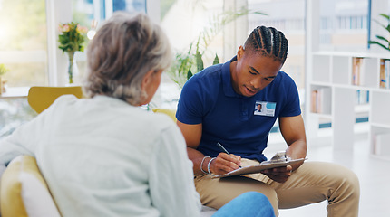 Image showing Retirement, documents and a nurse talking to an old woman patient about healthcare in an assisted living facility. Medical, planning and communication with a black man consulting a senior in her home