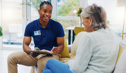 Image showing Retirement, paperwork and a nurse talking to an old woman patient about healthcare in an assisted living facility. Medical, planning and communication with a black man consulting a senior in her home