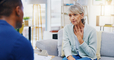 Image showing Sick old woman, talking or consulting a nurse writing notes for healthcare service of therapy or counseling. Chest pain, throat cancer or elderly patient speaking or explaining illness symptoms