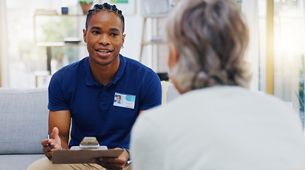 Image showing Retirement, feedback and a nurse talking to an old woman patient about healthcare in an assisted living facility. Medical, planning and communication with a black man consulting a senior in her home