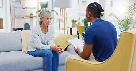 Image showing Retirement, clipboard and a nurse talking to an old woman patient about healthcare in an assisted living facility. Medical, planning and communication with a black man consulting a senior in her home