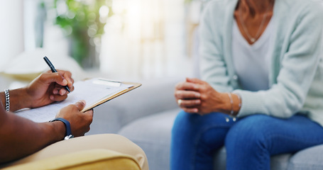 Image showing Woman, hands or consulting a therapist writing on clipboard notes for healthcare service of cancer therapy. Closeup, psychology help or patient talking in counseling with paperwork report documents