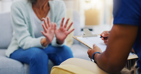 Image showing Person, hands or consulting a therapist writing on clipboard notes for healthcare service of cancer therapy. Closeup, nurse or sick patient talking in consultation with paperwork report documents