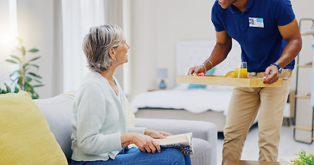 Image showing Breakfast, assisted living and retirement with a mature woman on a sofa in the living room of her home. Morning, food and a nurse black man serving a meal to an elderly patient in a care facility