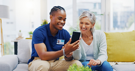 Image showing Phone, medical and a nurse talking to a patient in an assisted living facility for senior people. Healthcare, mobile and contact with a black man medicine professional chatting to a mature woman