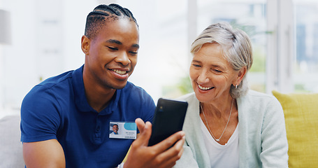 Image showing Phone, medical and a nurse talking to a patient in an assisted living facility for senior people. Healthcare, mobile and contact with a black man medicine professional chatting to a mature woman