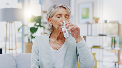 Image showing Wellness, home or healthy old woman drinking water for healthcare or natural vitamins in a house. Retirement, elderly relaxing or thirsty senior person refreshing with liquid for energy or hydration