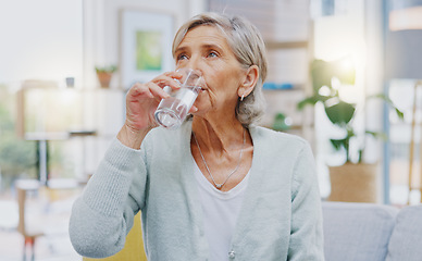 Image showing Wellness, home or healthy old woman drinking water for healthcare or natural vitamins in a house. Retirement, elderly relaxing or thirsty senior person refreshing with liquid for energy or hydration