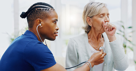 Image showing Nurse, elderly woman and stethoscope for cough test for healthcare, wellness or listening for breathing problem. Nursing home, listen or breathe with doctor black man, senior female patient for lungs