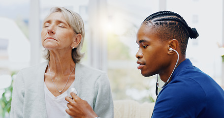 Image showing Nurse, senior woman and stethoscope for breathing test for healthcare, wellness or listening for chest problem. Nursing home, listen and breathe with black man, elderly female patient for lung health