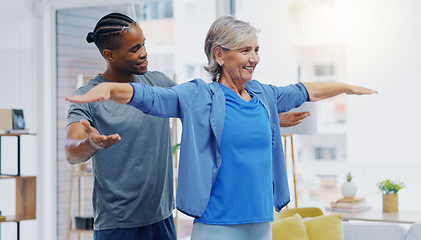 Image showing Rehabilitation, elderly woman and nurse for stretching exercise in a nursing home. Happy senior patient with a therapist man for healing, health and physiotherapy for arms, strong muscle and body