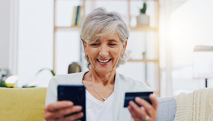 Image showing Happy senior woman, online shopping and delivery on phone, credit card and signature in logistics for package at home. Excited elderly female in ecommerce, shipping transaction or parcel for purchase