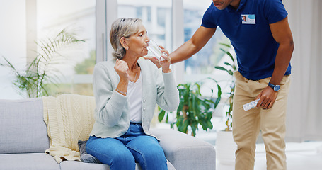 Image showing Sick, caregiver or old woman in home to take pills or supplements for healthcare vitamins or wellness. Drinking water, medication tablets or male nurse nursing or helping senior person with drugs