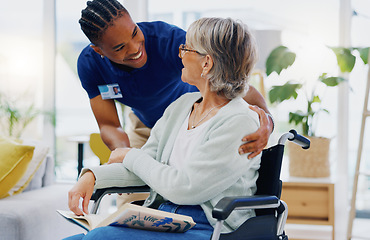 Image showing Black man, caregiver or old woman in wheelchair talking or speaking in homecare rehabilitation together. Medical healthcare advice or male nurse nursing or helping elderly patient with disability