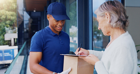Image showing Delivery, package and black man with a woman, signage and box with clipboard, courier and client. Male worker, person and employee with a customer, parcel and cargo with document, retail or signature