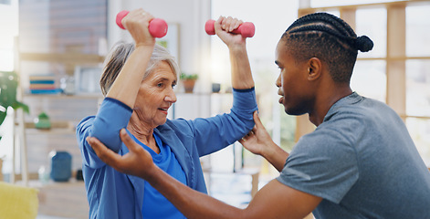 Image showing Physiotherapy, black man and senior woman stretching, smile and consultation in office, help and wellness. Physiotherapist, male employee and happy female client stretch, health and rehabilitation