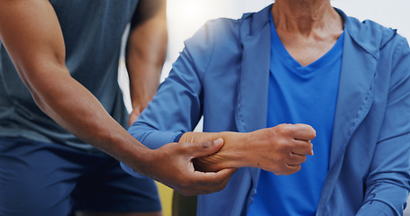 Image showing Hands, physiotherapy and recovery with a patient training while listening to her therapist for rehabilitation. Healthcare, fitness or exercise with a person and physiotherapist during a workout