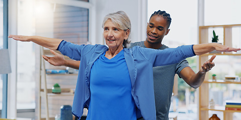 Image showing Elderly woman, nurse and rehabilitation or stretching exercise in a nursing home for fitness. Happy senior female patient with a therapist man for healing, health and physiotherapy for arms and body