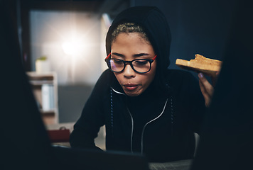 Image showing Toast, night and woman streaming online movie on service, website or app in a home to relax in a dark bedroom. Bread, evening and person eating food and on internet for show on the web in a house