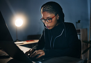 Image showing Hacker, woman in dark room with laptop and cyber crime, phishing and information technology with database or server. Cybersecurity, programming and criminal with pc, ransomware and firewall breach