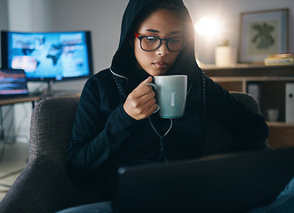 Image showing Coffee, night and woman doing remote work overtime in home office working on a project on a laptop online. Energy, espresso and young person typing in dark living room with caffeine and planning