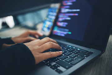 Image showing Hands, coding and laptop typing with cybersecurity, hacker and software data analysis. Person, web programmer and computer work with firewall system hacking and algorithm writing for malware