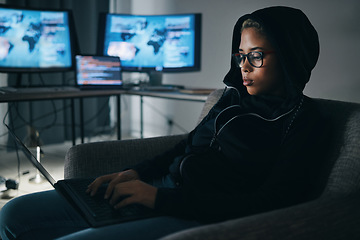 Image showing Hacker, woman with laptop and information technology, global network and database with phishing and cyber crime. Cybersecurity, programming or hacking, criminal with pc for ransomware and firewall