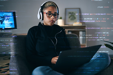 Image showing Woman, code overlay and laptop typing with cybersecurity, hacker and software data analysis. Digital, programmer and computer work with firewall system hacking and algorithm writing for malware