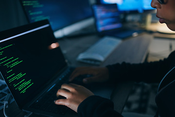 Image showing Hands, code and night with laptop typing with cybersecurity, hacker and software data analysis. Person, programmer and computer work with firewall system hacking and algorithm writing for malware