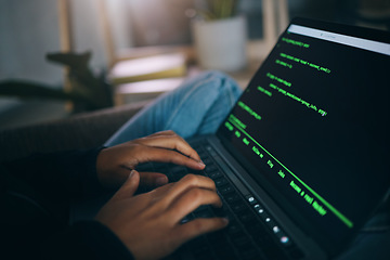 Image showing Developer hands, code overlay and laptop typing with cybersecurity, hacker and data analysis. Person, programmer and computer work with firewall system hacking and algorithm writing for malware