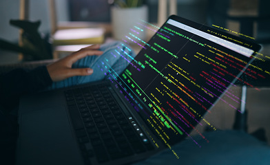 Image showing Hands, code overlay and laptop screen with cybersecurity, hacker and software data analysis. Person, programmer and computer work with firewall system hacking and algorithm writing for malware