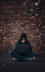Image showing Hacker, coding overlay and woman on laptop in dark for cybersecurity, phishing and crime. Information technology, mockup and person on computer for software, network code and programming hologram