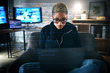 Image showing Serious woman, code overlay and laptop typing with cybersecurity, hacker and software data analysis. Web, programmer and computer work with firewall system hacking and algorithm writing for malware
