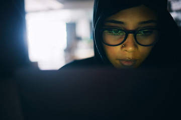 Image showing Hacker, woman and face with laptop, information technology for coding and database with phishing and cyber crime. Cybersecurity, programming or hacking, criminal with pc for ransomware and firewall