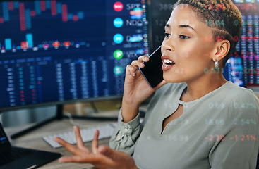 Image showing Woman, phone with data overlay and computer for crypto trading, networking or investment in cyber stocks. Nft, financial advisor or broker on cellphone for advice on profit, market info or statistics