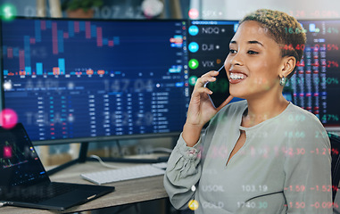 Image showing Woman, phone call with digital overlay and computer for crypto trading, networking and investment in cyber stocks. Nft, financial advisor or broker on cellphone for advice on profit, market and data.