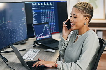 Image showing Woman, phone call at computer and crypto trading with networking, investment and cyber stocks. Nft, financial management and broker with cellphone for advice on profit growth, market info and charts.