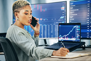 Image showing Woman, phone call at desk and networking for cyber trade, cryptocurrency and investment in online stocks. Nft, financial advisor or broker on cellphone, writing notes on market research or lead info.