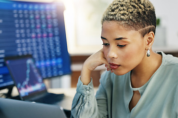 Image showing Woman at computer, thinking and data on crypto trade, research and investment in online stocks. Nft, cyber advisor or broker reading stats on market growth, phishing or brainstorming financial ideas.