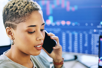 Image showing Woman at computer, phone call and consulting on crypto trade, networking and investment in online stocks. Nft, cyber advisor or broker on cellphone for data on market research, phishing or lead info.