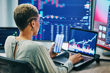 Image showing Woman with phone, laptop and computer screen for crypto research, investment or cyber stocks from back. Nft, financial management and developer with software for online profit stats, graphs or charts