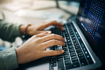 Image showing Hands, typing on laptop and data for trading in cryptocurrency, investment or cyber stocks. Nft, financial management and developer with software for online profit growth stats, market info or charts