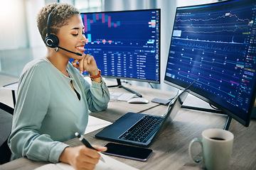 Image showing Woman, online trading and callcenter, computer screen and finance with advice, investment and communication. Headset, mic and phone call with laptop, consultant at desk with stock market dashboard