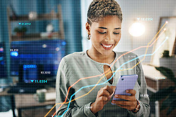 Image showing Stock market, overlay and business woman with phone and trading information for investor statistics. Female professional, mobile networking and finance work in a office with fintech app for crypto