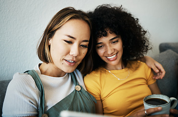 Image showing Couple sofa and women relax with coffee and technology for social media, internet and watching video. Love, lgbtq and happy people in living room for bonding, relationship and streaming movies