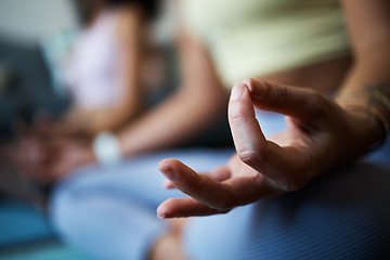 Image showing Woman, hands and zen for yoga, sitting and mediation for spiritual wellness, exercise and fitness. Positive energy, chakra and health in sportswear, relax and balance in lotus pose, peace and healing