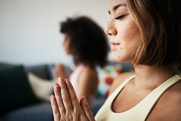 Image showing Women, fitness friends and meditation with prayer for mindfulness, wellness and peace of mind at home. Yoga, spiritual and calm in lounge with healing and zen, namaste with exercise and self care