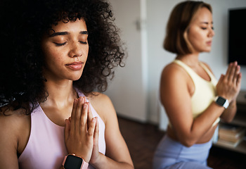 Image showing Lesbian couple, yoga and zen at home, closeup and peaceful for bonding and support. Calm people, wellness and health for flexibility, care and fitness in living room, strong core and namaste in soul